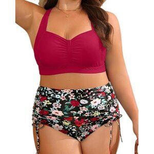 Daci Plus Size 22W Two-Piece Swimsuit High-Waisted Bottom Ruched Floral Bikini